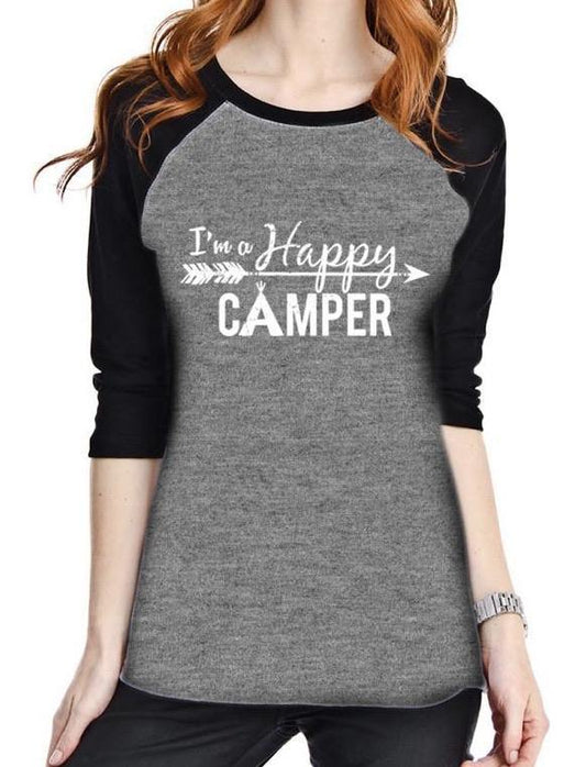 I’m a happy camper t-shirt •• 3/4 sleeve gray and black raglan •• XS - XL •• Camping shirts • Camp • RV - Stacy's Pink Martini Boutique