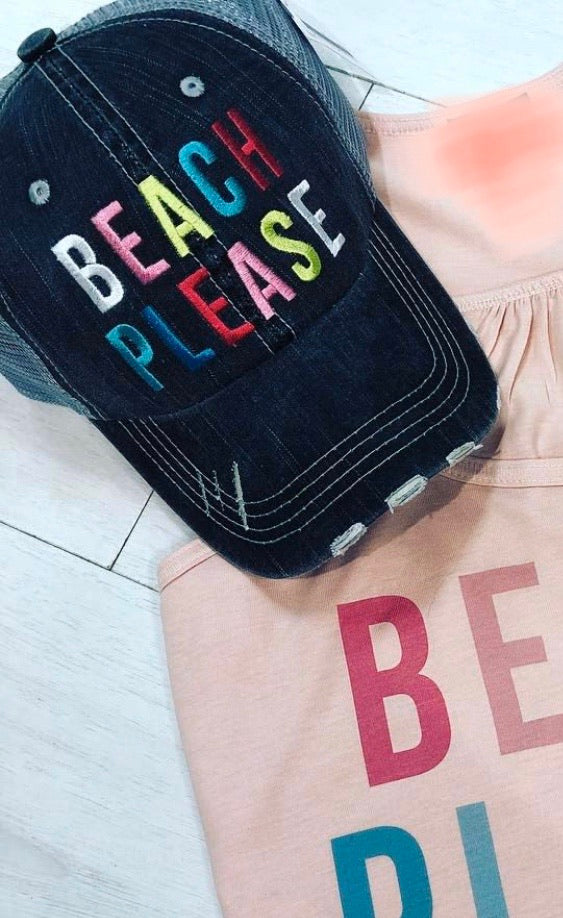 Hats and tanks { BEACH } Beach hair dont care, feelin beachy, beach please, hola beaches, beach bum, beachaholic. Embroidered trucker caps. - Stacy's Pink Martini Boutique