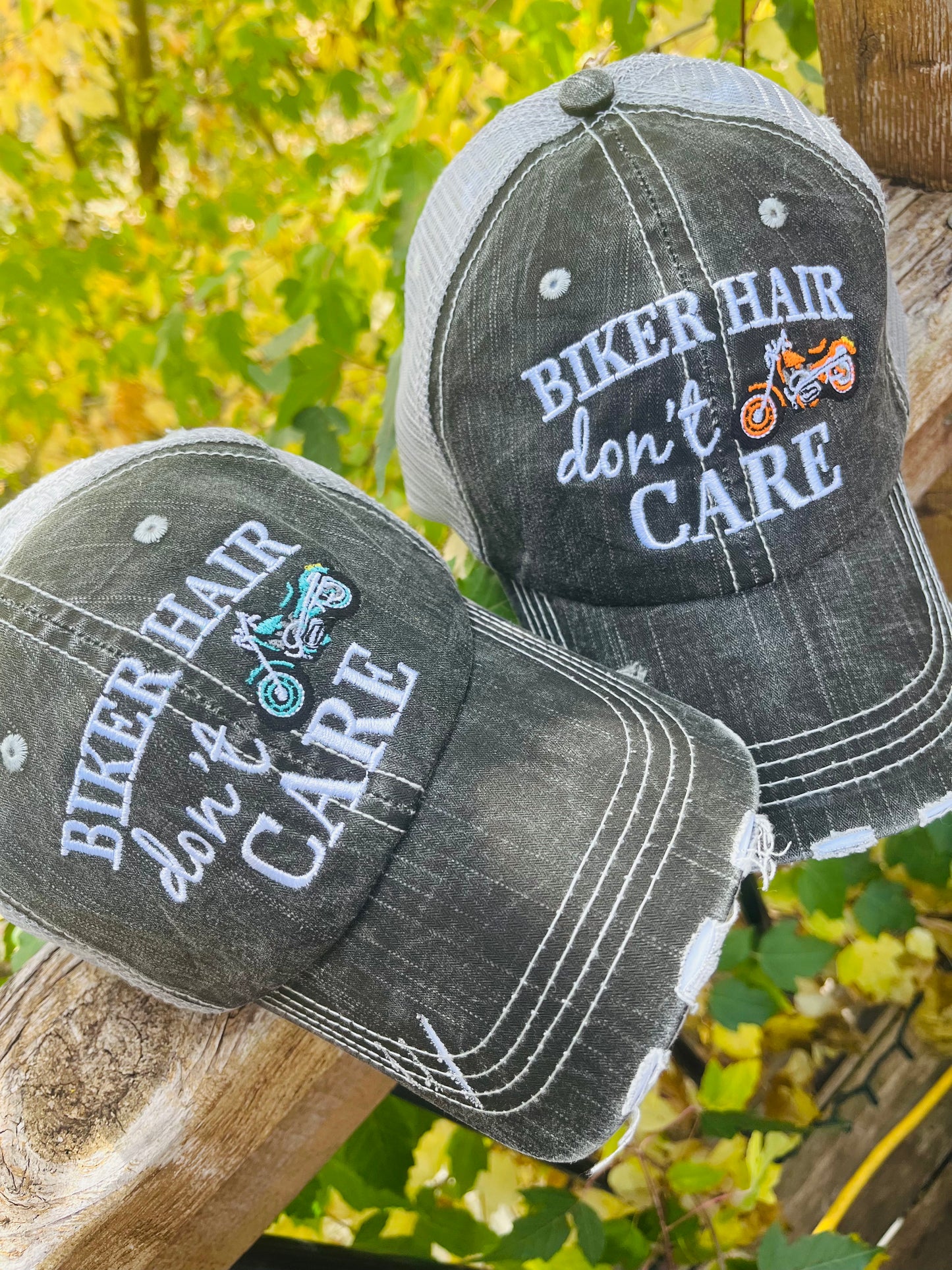 Motorcycle hats Biker hair dont care Embroidered trucker caps - Stacy's Pink Martini Boutique
