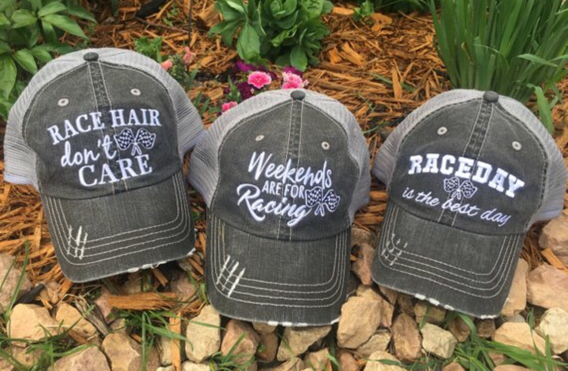 Personalized Racing hats Weekends are for racing Race hair dont care Raceday is the best day - Stacy's Pink Martini Boutique