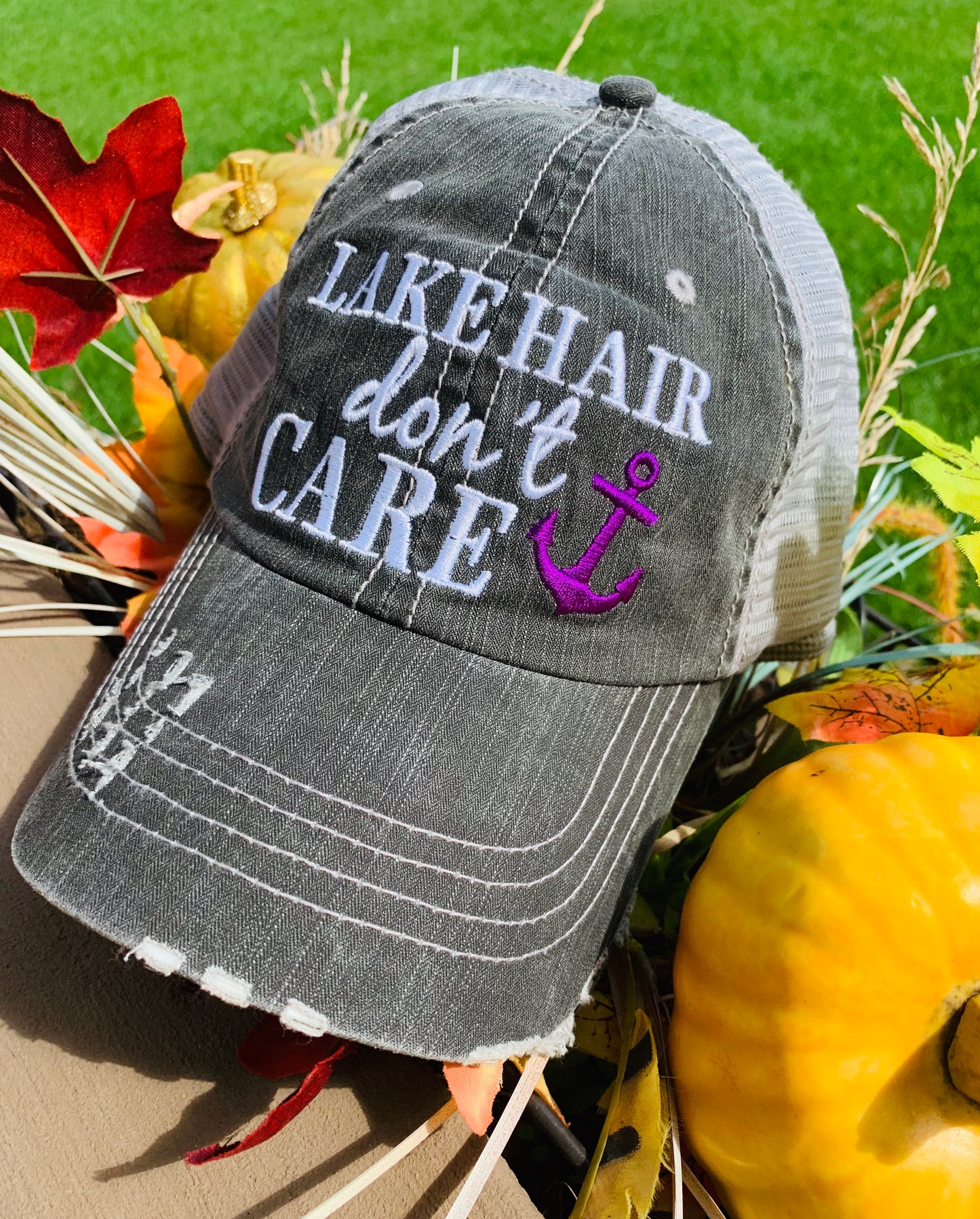 Lake hats! Lake hair dont care | Gray trucker cap-teal, pink, purple anchor | Unisex-Womens-Men-Kids - Stacy's Pink Martini Boutique