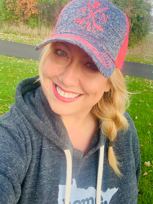 Hats { Mn Girl } Hockey sticks and hockey puck. State of Minnesota or any state available. See assorted colors. Trucker. Unisex. Adjustable snap back. - Stacy's Pink Martini Boutique