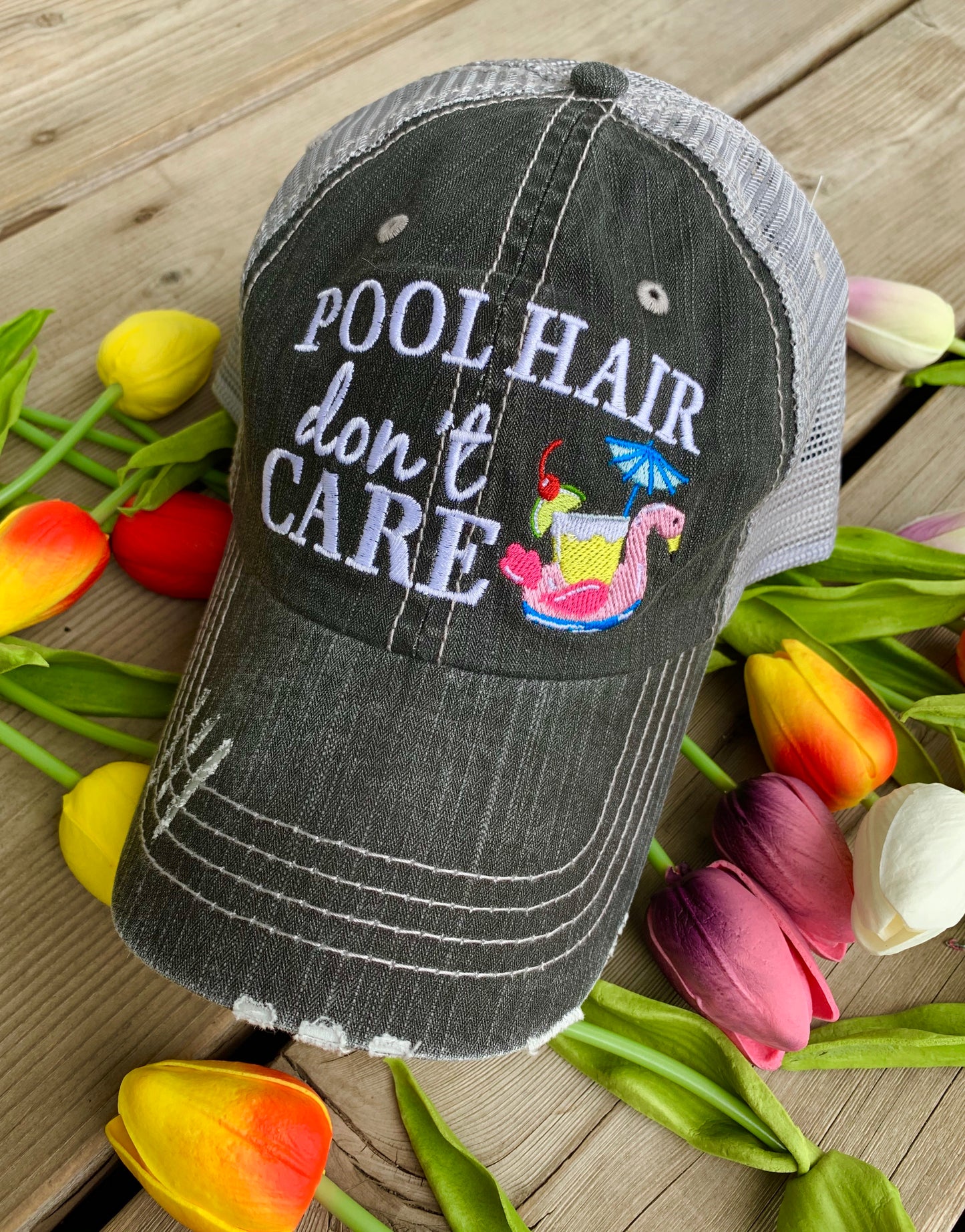 Pool hats Embroidered gray distressed unisex trucker caps Pool hair dont care Pool please Flamingos Flip flops - Stacy's Pink Martini Boutique