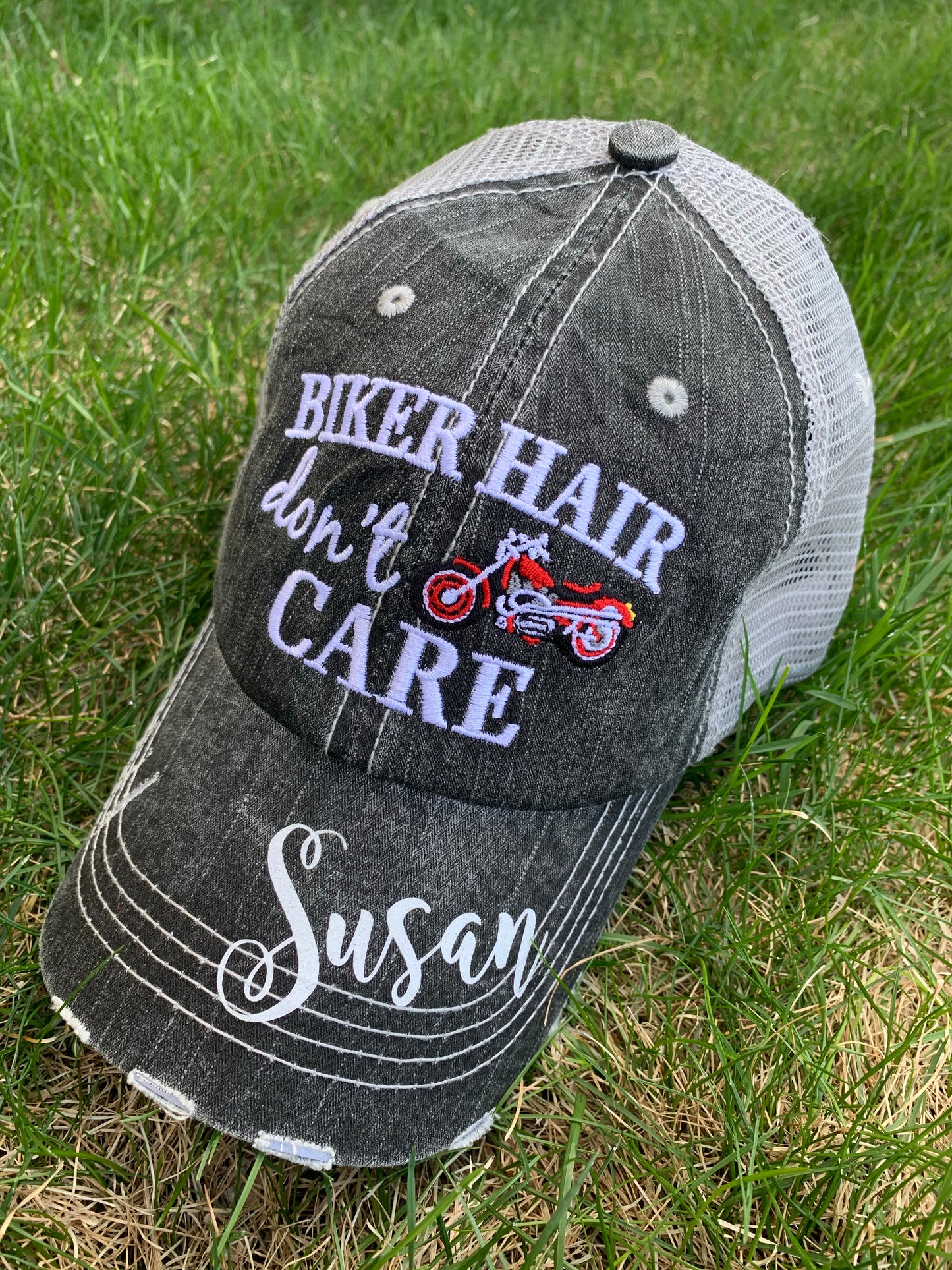 Motorcycle hats Biker hair dont care Embroidered trucker caps - Stacy's Pink Martini Boutique