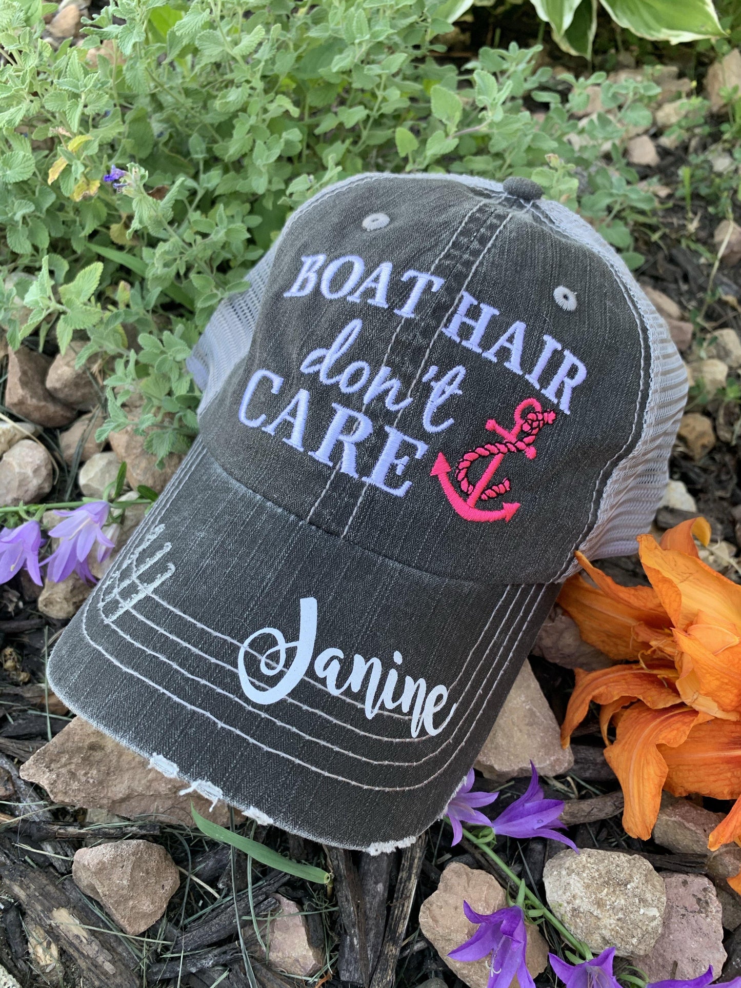 Boating Hats { Boat hair don’t care } Teal or pink anchor. Embroidered • Trucker cap • - Stacy's Pink Martini Boutique