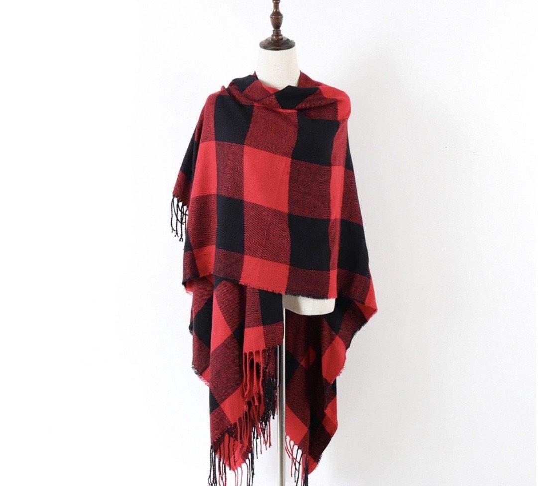 Poncho scarf { Plaid check } Red and black or white and black. 52 x 63. Free ship in US! - Stacy's Pink Martini Boutique
