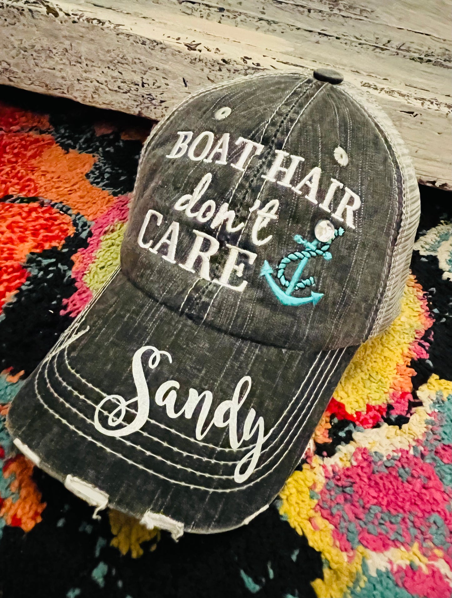 Pool hats Embroidered gray distressed unisex trucker caps Pool hair dont care Pool please Flamingos Flip flops - Stacy's Pink Martini Boutique