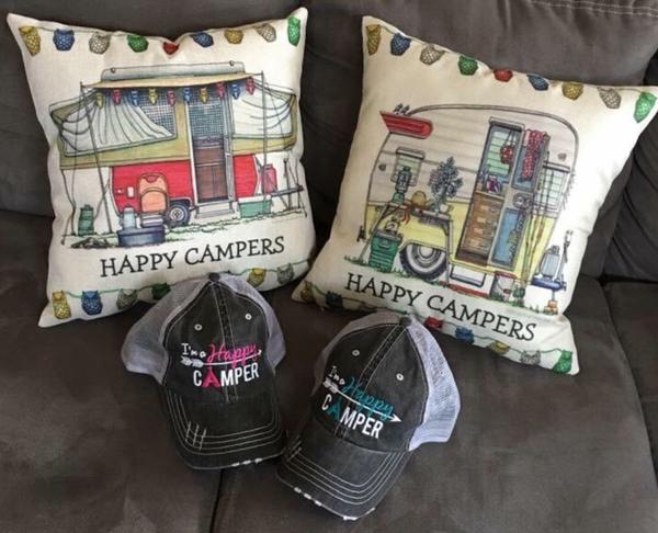 Hats or tanks { I'M A HAPPY CAMPER } { Camping hair don’t care } { Camping life } { Glamping hair don’t care } Embroidered distressed gray unisex trucker caps. Adjustable Velcro and hole for pony. RV there yet? - Stacy's Pink Martini Boutique