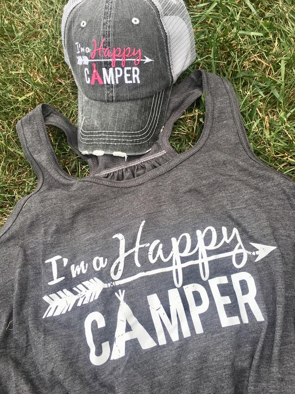 Hats or tanks { I'M A HAPPY CAMPER } { Camping hair don’t care } { Camping life } { Glamping hair don’t care } Embroidered distressed gray unisex trucker caps. Adjustable Velcro and hole for pony. RV there yet? - Stacy's Pink Martini Boutique