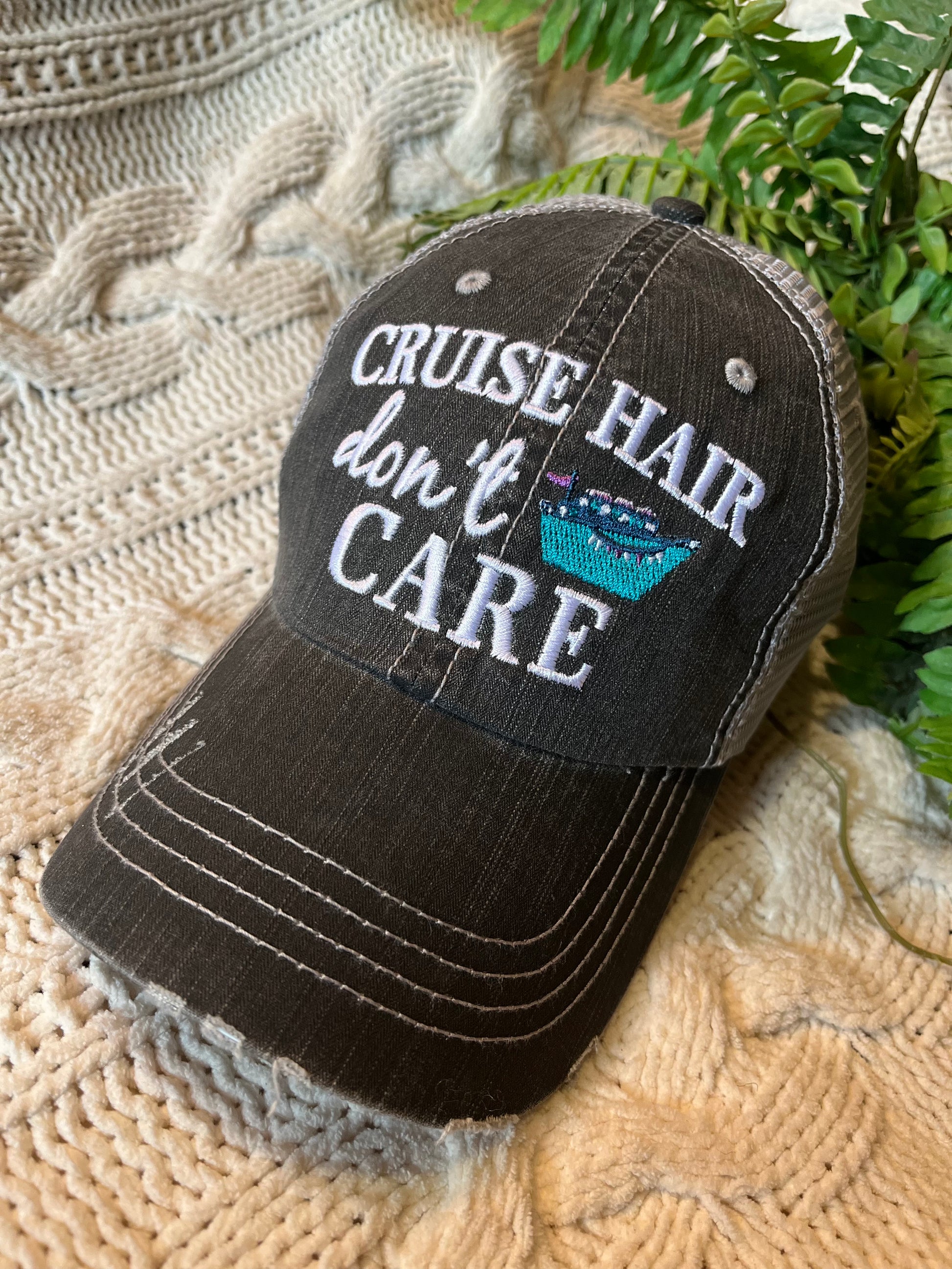 Cruise hats Cruise hair dont care Embroidered distressed unisex trucker caps - Stacy's Pink Martini Boutique
