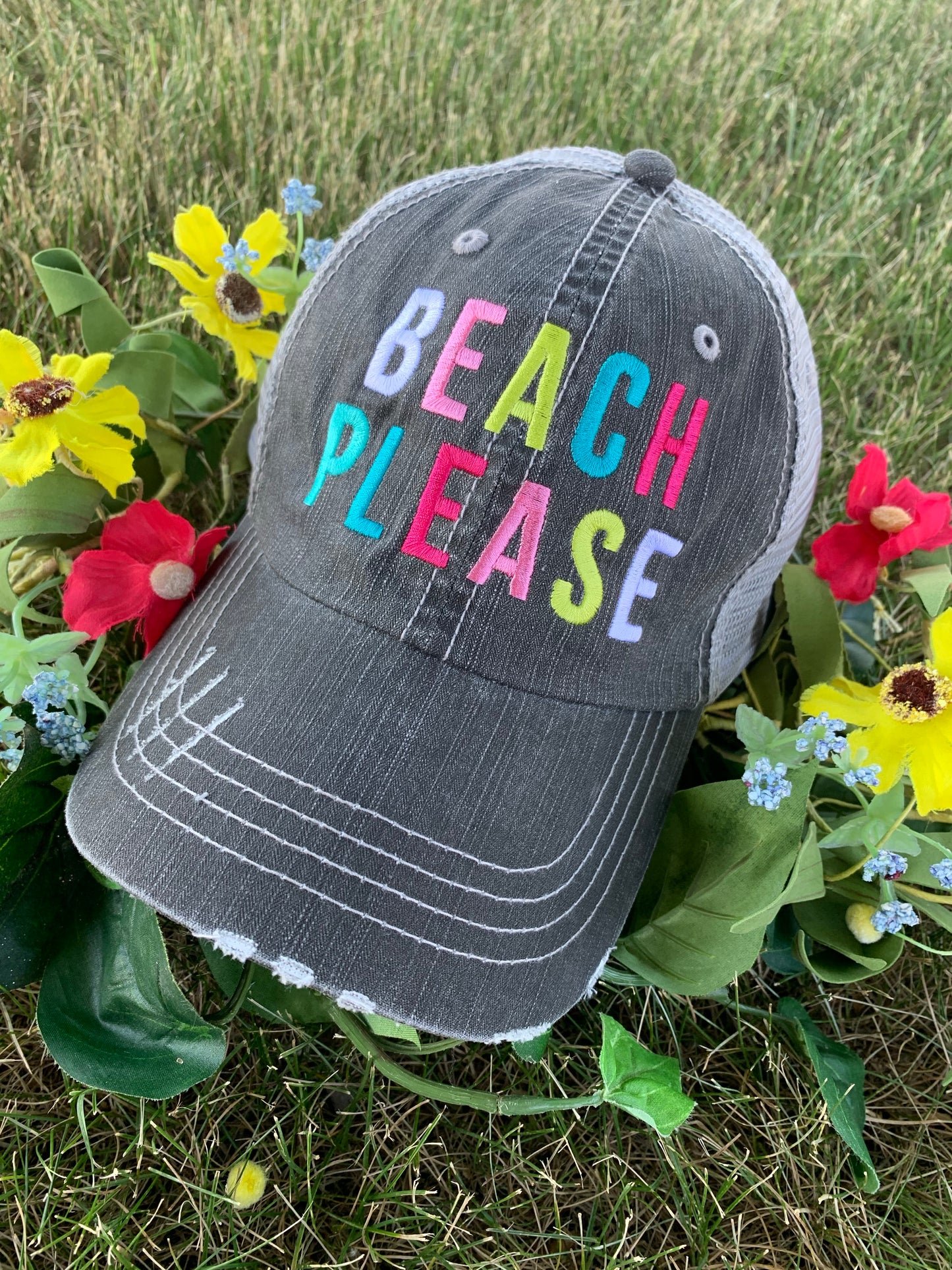 Hats and tanks BEACH Beach hair dont care Feelin beachy Beach please Hola beaches Beach bum Embroidered trucker caps - Stacy's Pink Martini Boutique