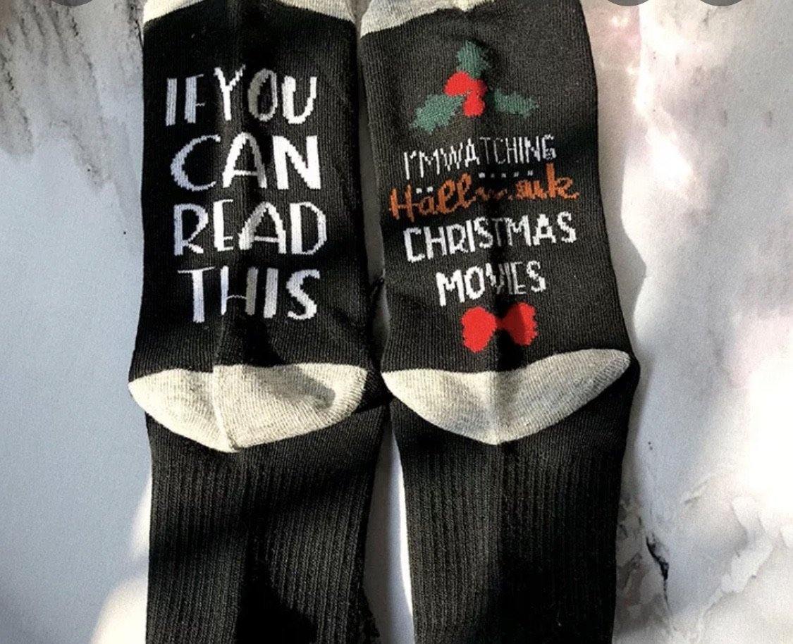 Socks { If you can read this I’m watching Hallmark movies } Red, white or black. Bow. Christmas. - Stacy's Pink Martini Boutique