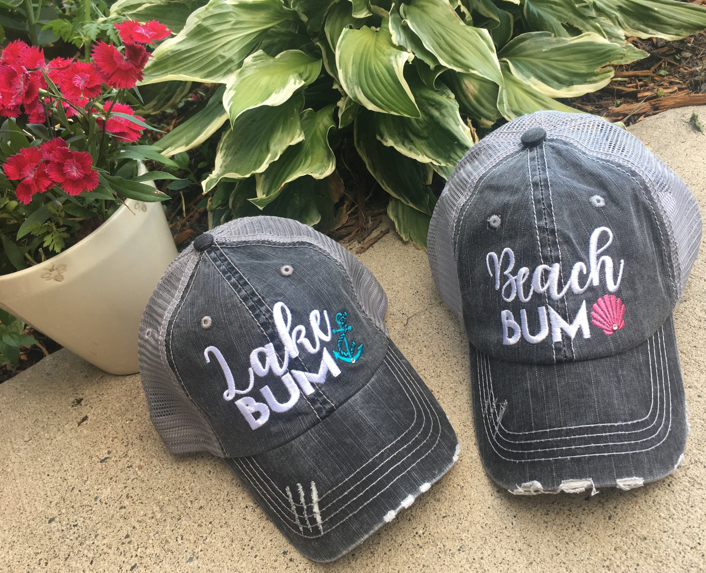 Lake and beach hats Lake bum Beach bum Embroidered unisex trucker caps Seashells Anchors - Stacy's Pink Martini Boutique