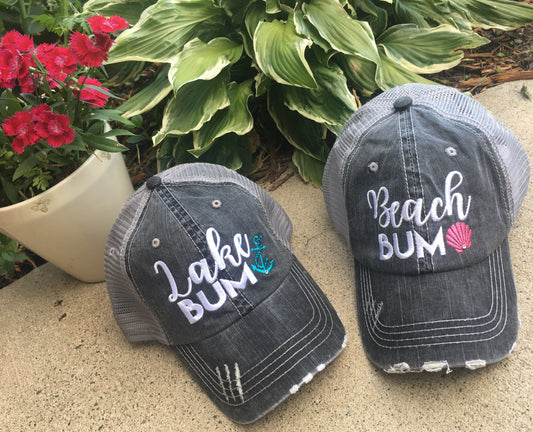 Lake and beach hats Lake bum Beach bum Embroidered unisex trucker caps Seashells Anchors - Stacy's Pink Martini Boutique