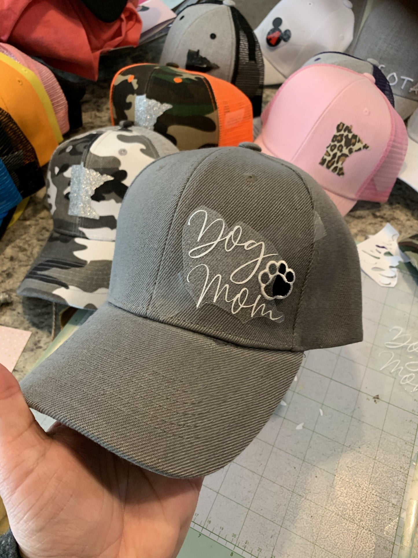 Dog hats Dog mom Assorted colors Distressed womens trucker caps Embroidered paw - Stacy's Pink Martini Boutique