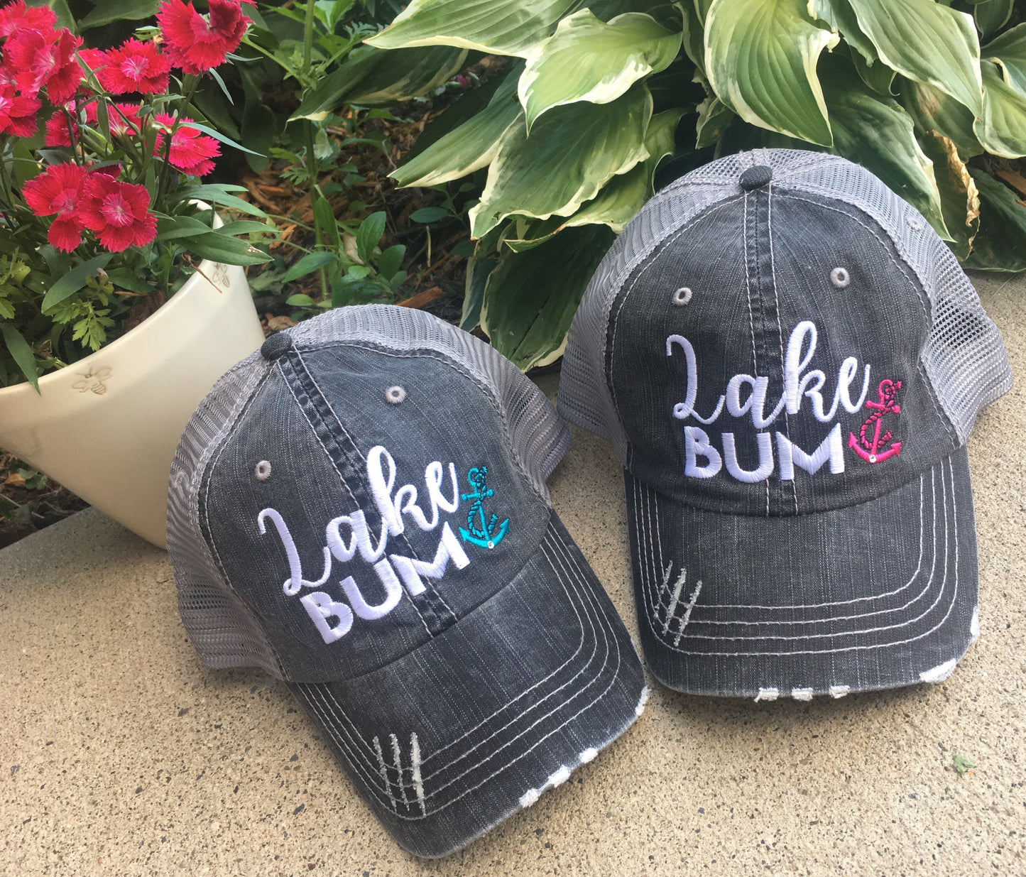 Lake and beach hats Lake bum Beach bum Embroidered unisex trucker caps Seashells Anchors - Stacy's Pink Martini Boutique