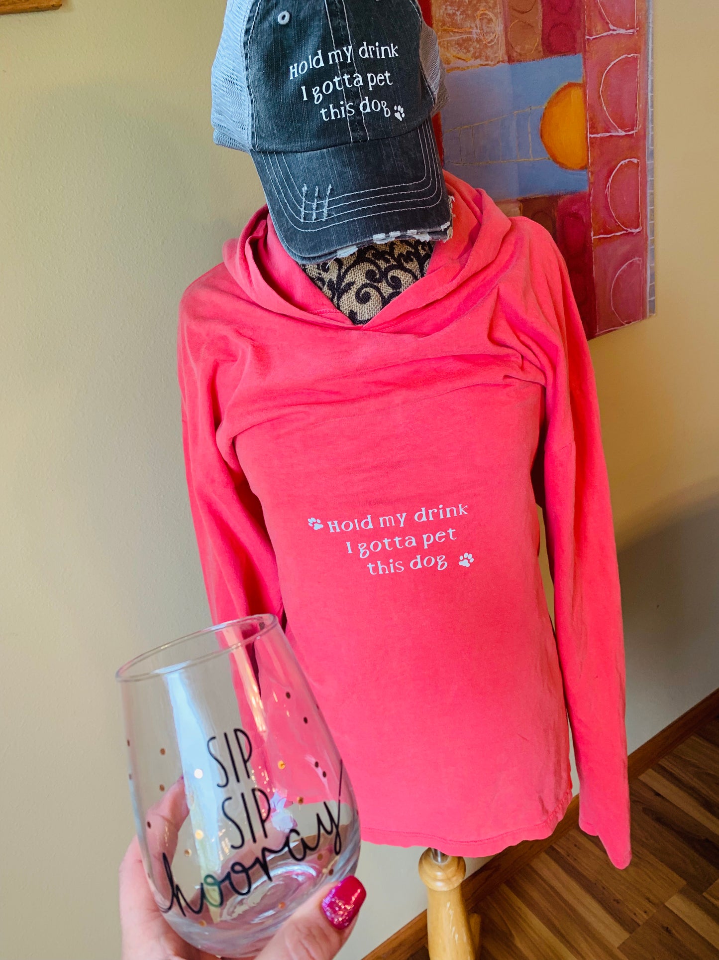 Hats and shirts { Hold my drink I gotta pet this dog } Customize by choosing hat options & clothing options. - Stacy's Pink Martini Boutique