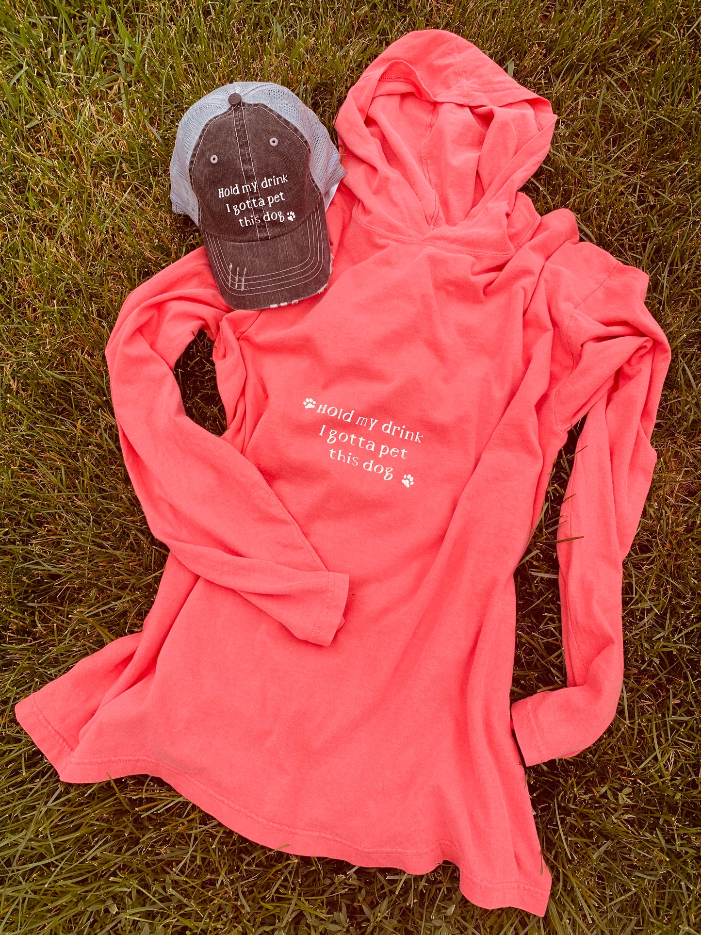Hats and shirts { Hold my drink I gotta pet this dog } Customize by choosing hat options & clothing options. - Stacy's Pink Martini Boutique