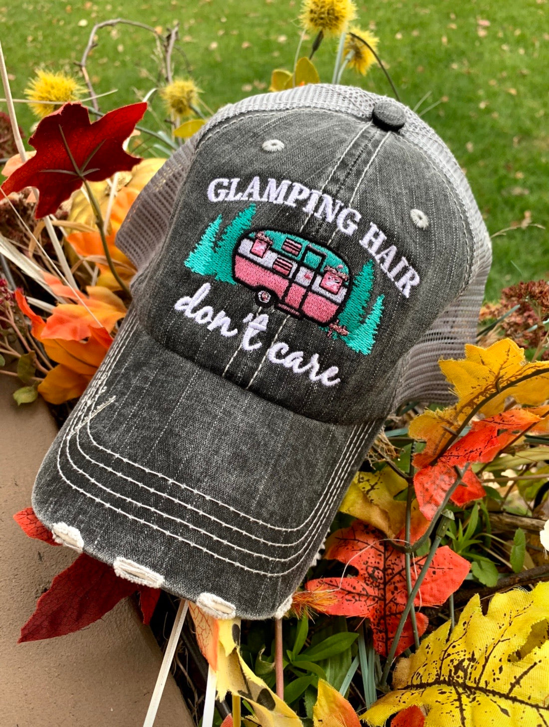 Hats or tanks { I'M A HAPPY CAMPER } { Camping hair don’t care } { Camping life } { Glamping hair don’t care } Embroidered distressed gray unisex trucker caps. Adjustable Velcro and hole for pony. RV there yet? - Stacy's Pink Martini Boutique