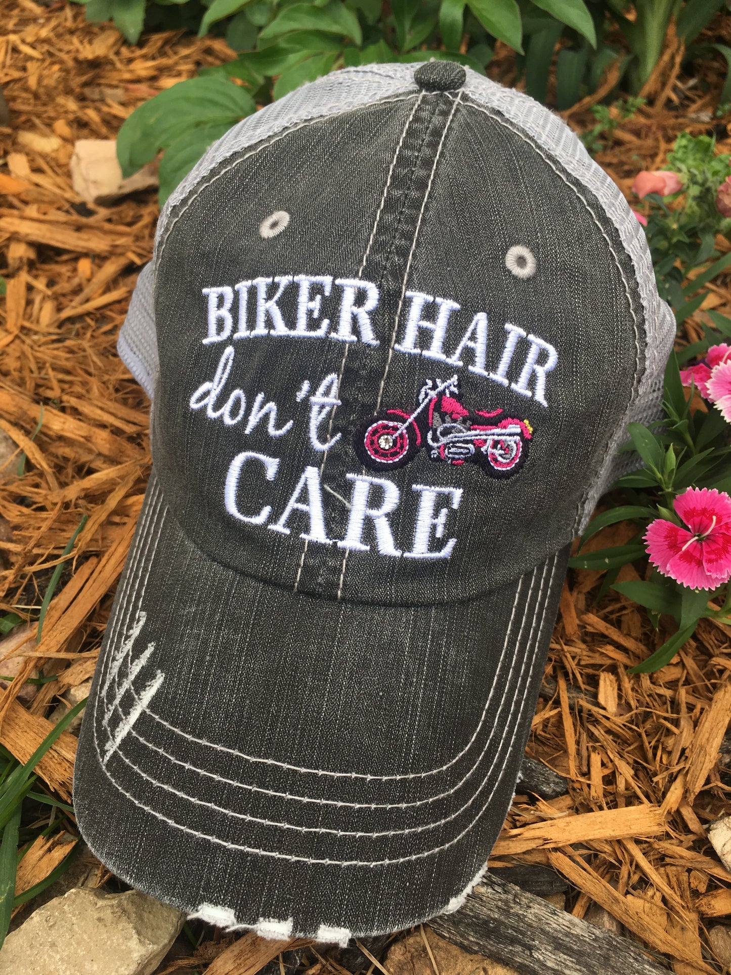 Motorcycle hats Biker hair dont care Embroidered trucker caps - Stacy's Pink Martini Boutique