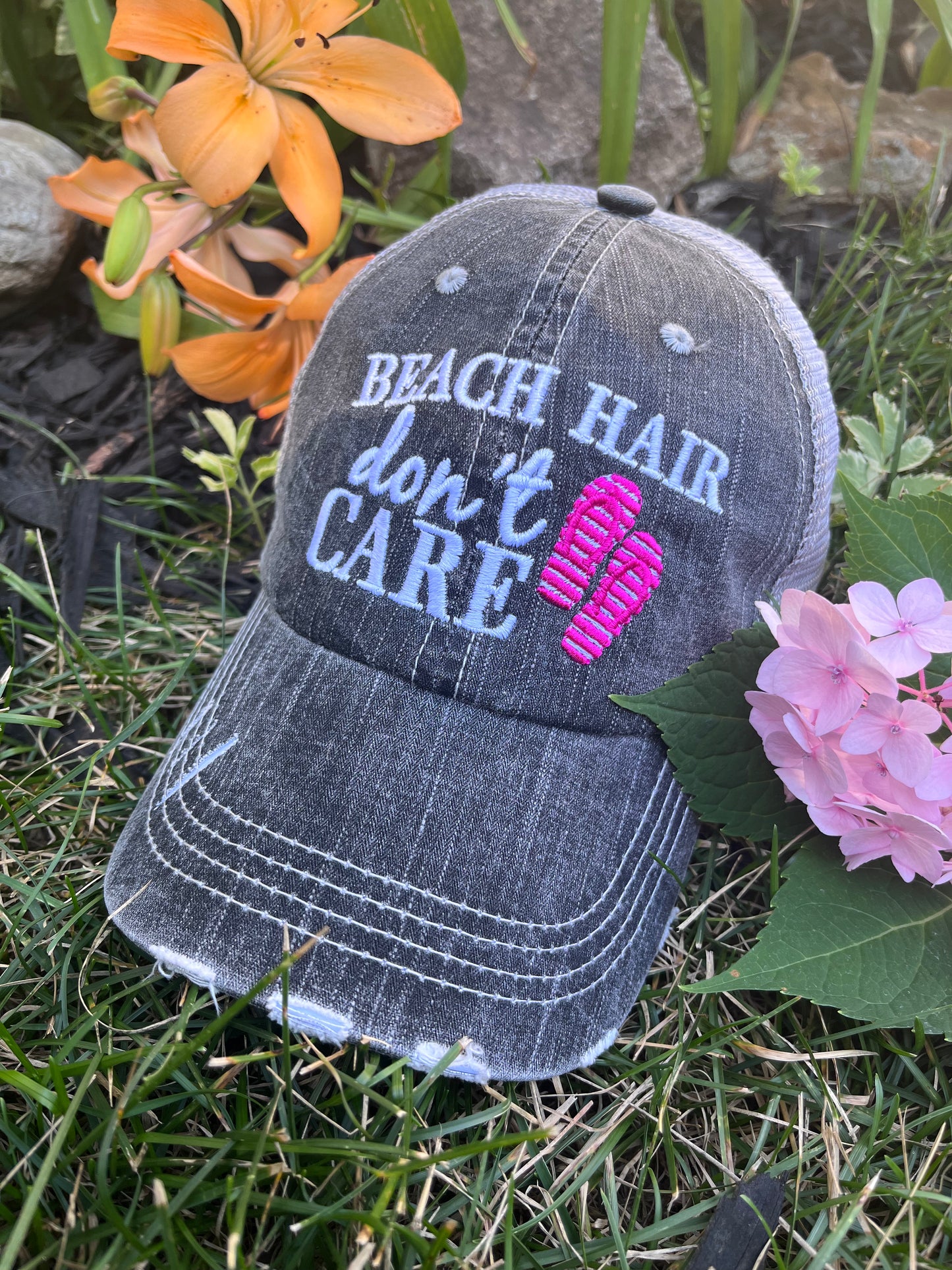 Hats Beach hair dont care Embroidered teal or pink flip flops distressed trucker cap Womens Sandals - Stacy's Pink Martini Boutique