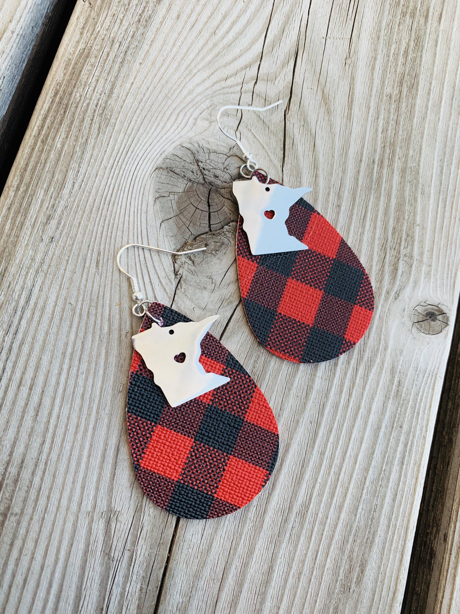 State earrings | Buffalo plaid-Sterling silver charm | Any state | Handmade in Minnesota | Leather teardrops with fish hooks - Stacy's Pink Martini Boutique