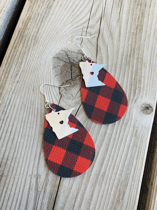 State earrings | Buffalo plaid-Sterling silver charm | Any state | Handmade in Minnesota | Leather teardrops with fish hooks - Stacy's Pink Martini Boutique