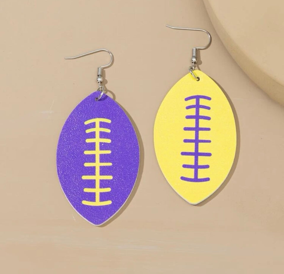 Football earrings Purple and yellow faux leather Minnesota Vikings