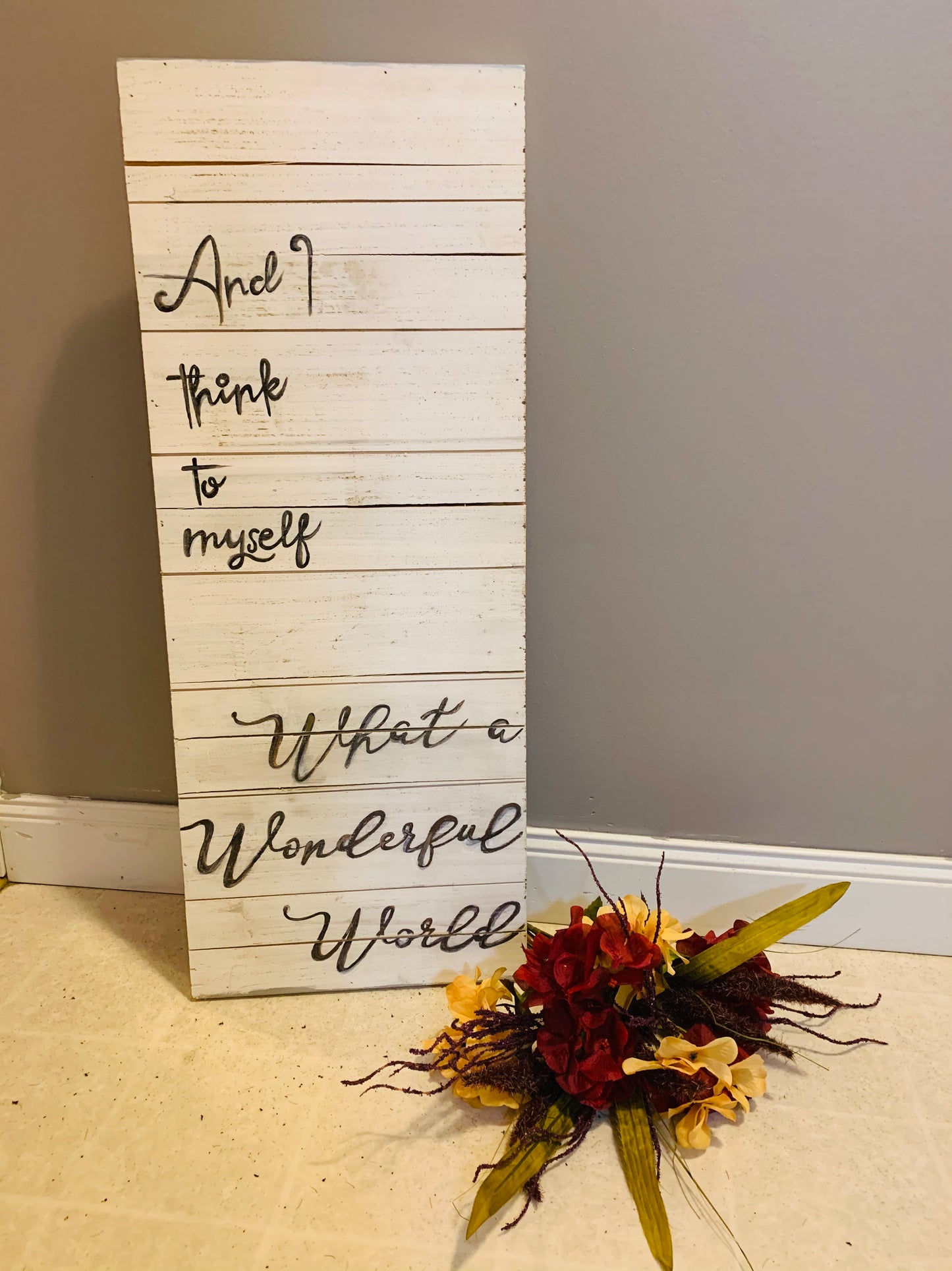 Sign { and I think to myself what a wonderful world } Louis Armstrong. Custom made. You can choose color and shape. - Stacy's Pink Martini Boutique