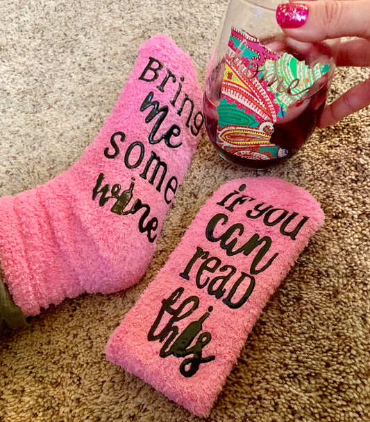 Socks { If you can read this bring me some wi ne } Pink • Fluffy • - Stacy's Pink Martini Boutique