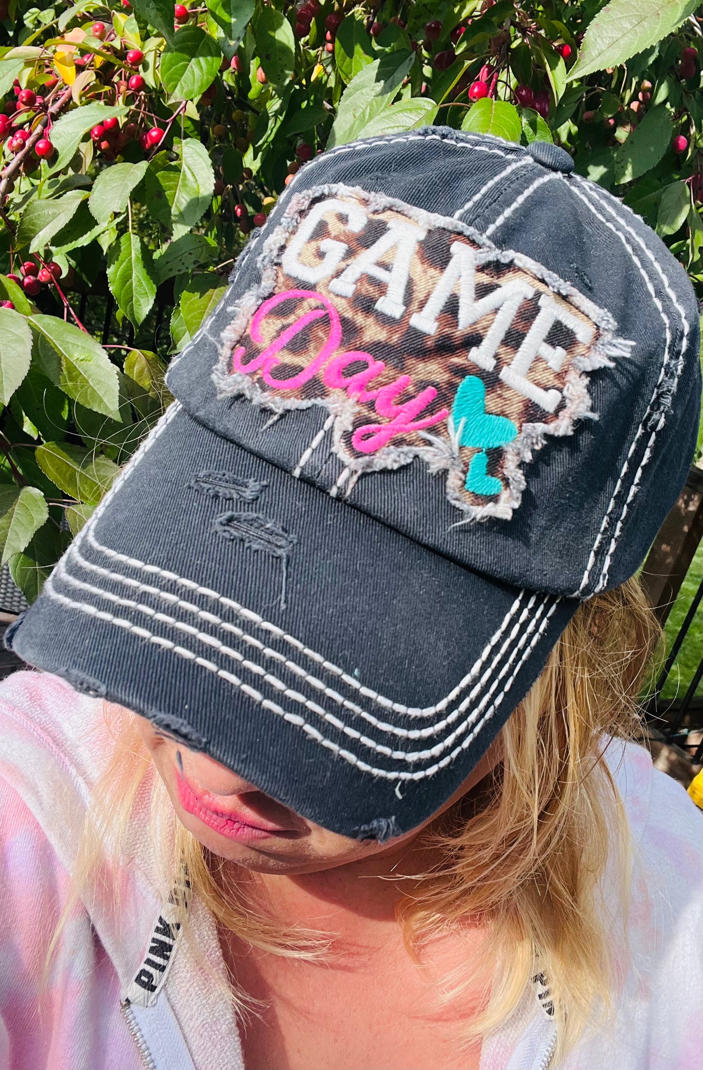 Game day Embroidered leopard print hearts Navy blue