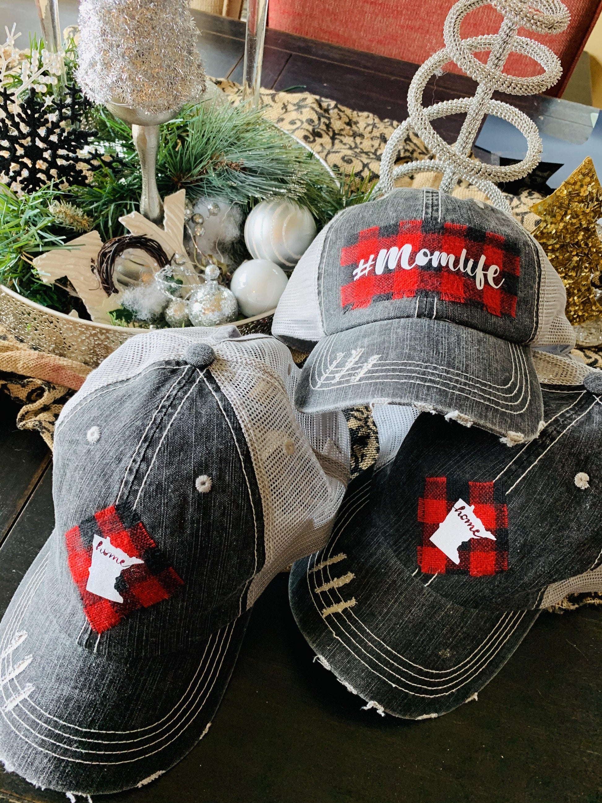 Hats { Blessed mama } Gray distressed with buffalo plaid in red and black check adjustable Velcro. Any custom sating available. - Stacy's Pink Martini Boutique