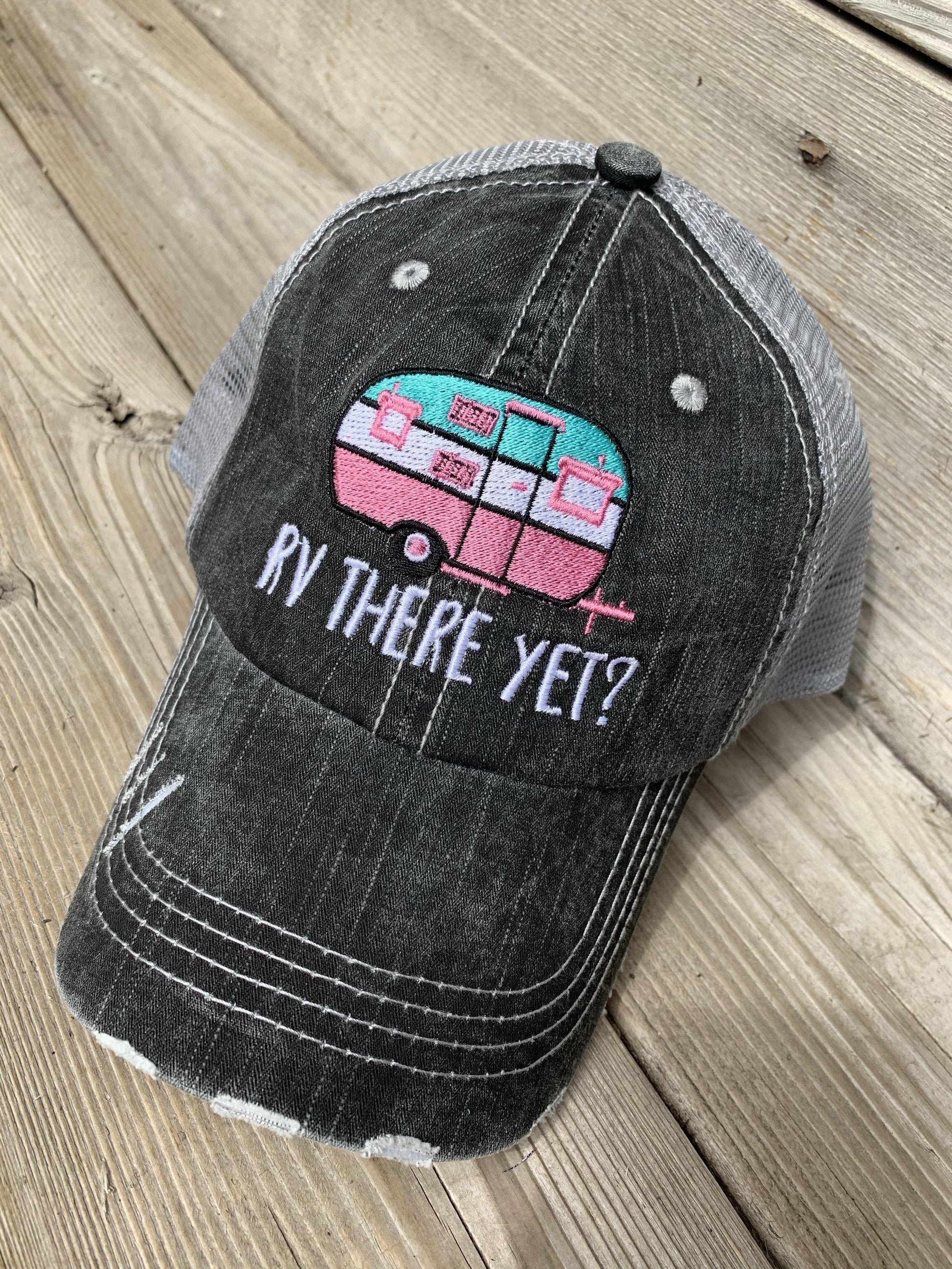 Camping hats { RV there yet? } Gray with pink & teal or gray with blue and pink. Embroidered distressed trucker cap with adjustable Velkro & hole for pony. Unisex. Vintage camper. Camping. - Stacy's Pink Martini Boutique