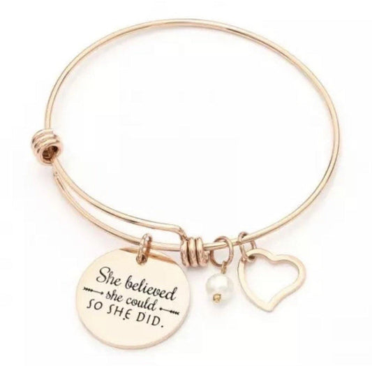 Bracelets { She believed she could so she did } Silver or gold. Heart charm. Pearl. Bangle. - Stacy's Pink Martini Boutique