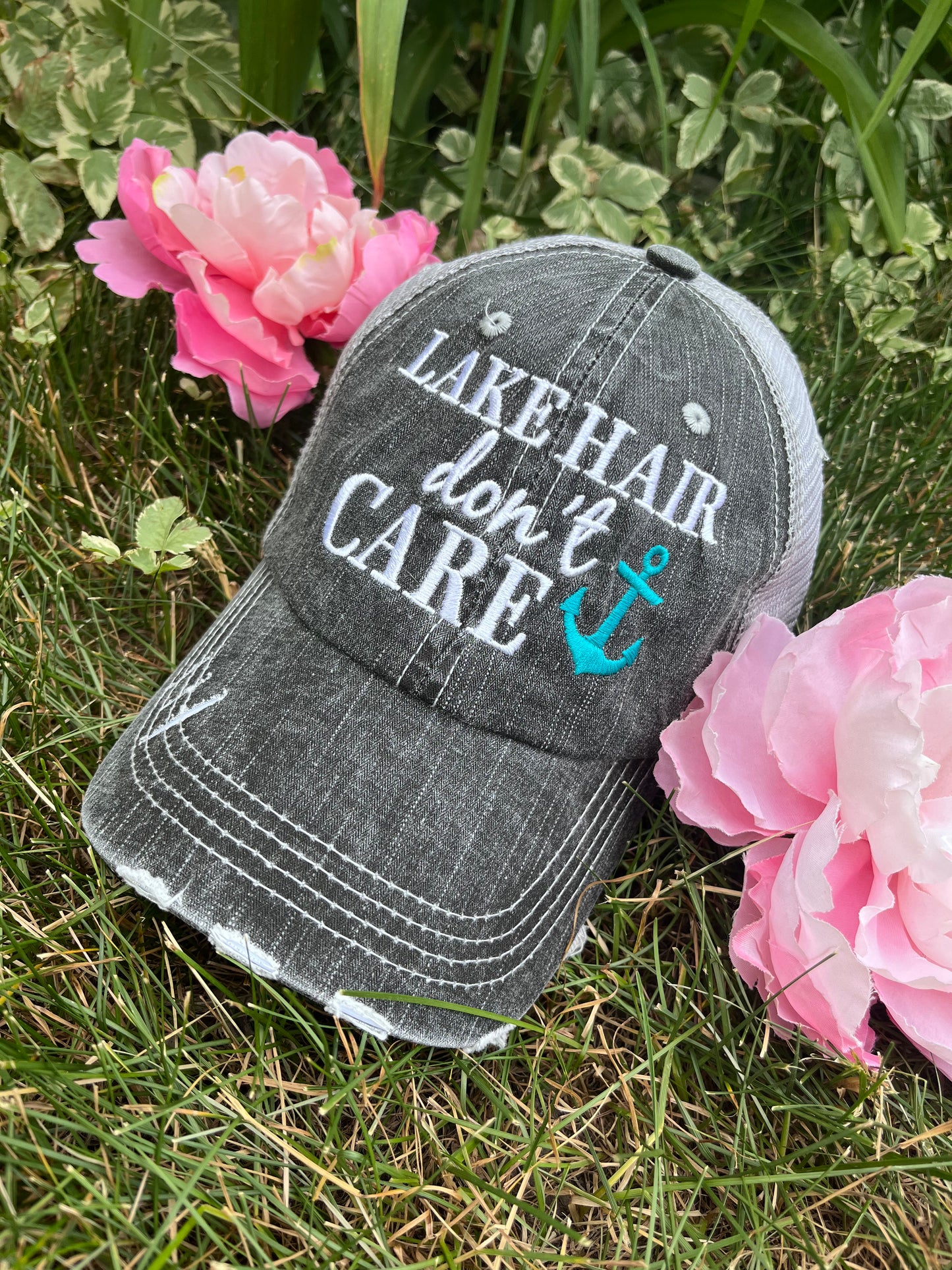 Hats Beach hair dont care Embroidered teal or pink flip flops distressed trucker cap Womens Sandals - Stacy's Pink Martini Boutique