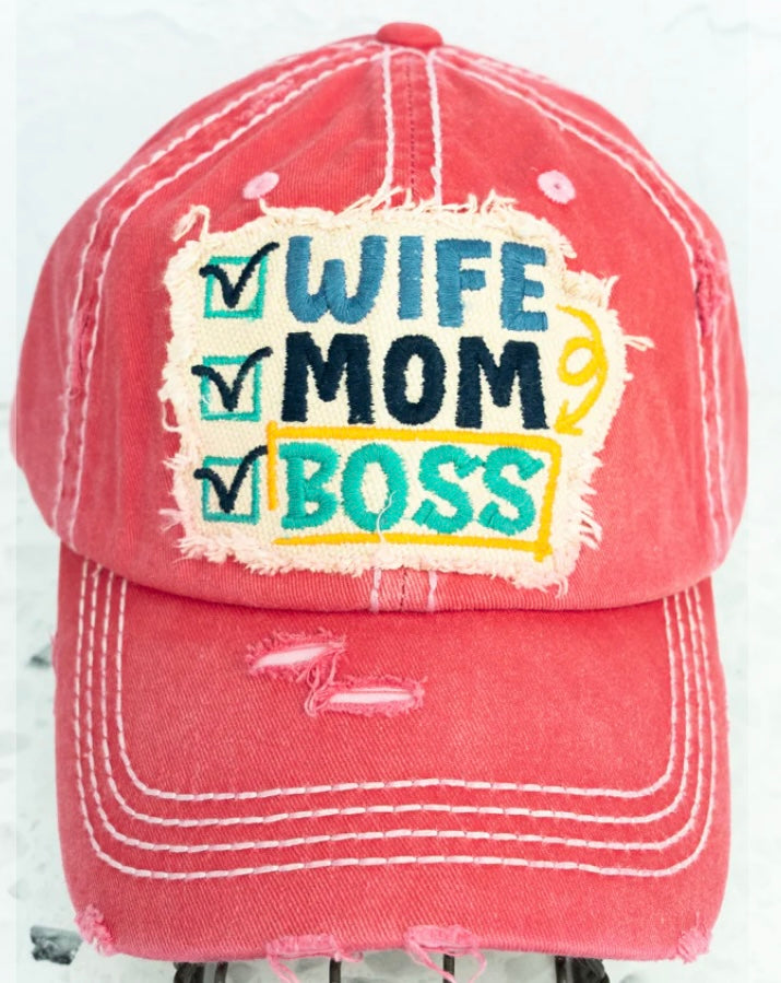 Mom Wife Boss hat Salmon colored embroidered adjustable Womens pink orange cap