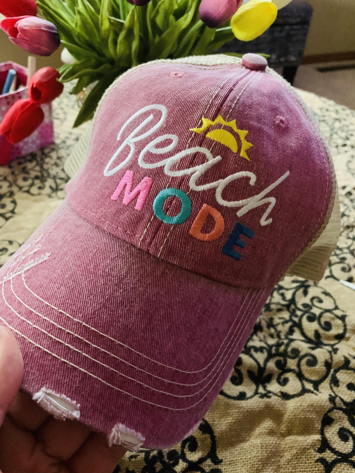 Beach hats Beach mode Personalize Embroidered distressed trucker caps 3 colors - Stacy's Pink Martini Boutique