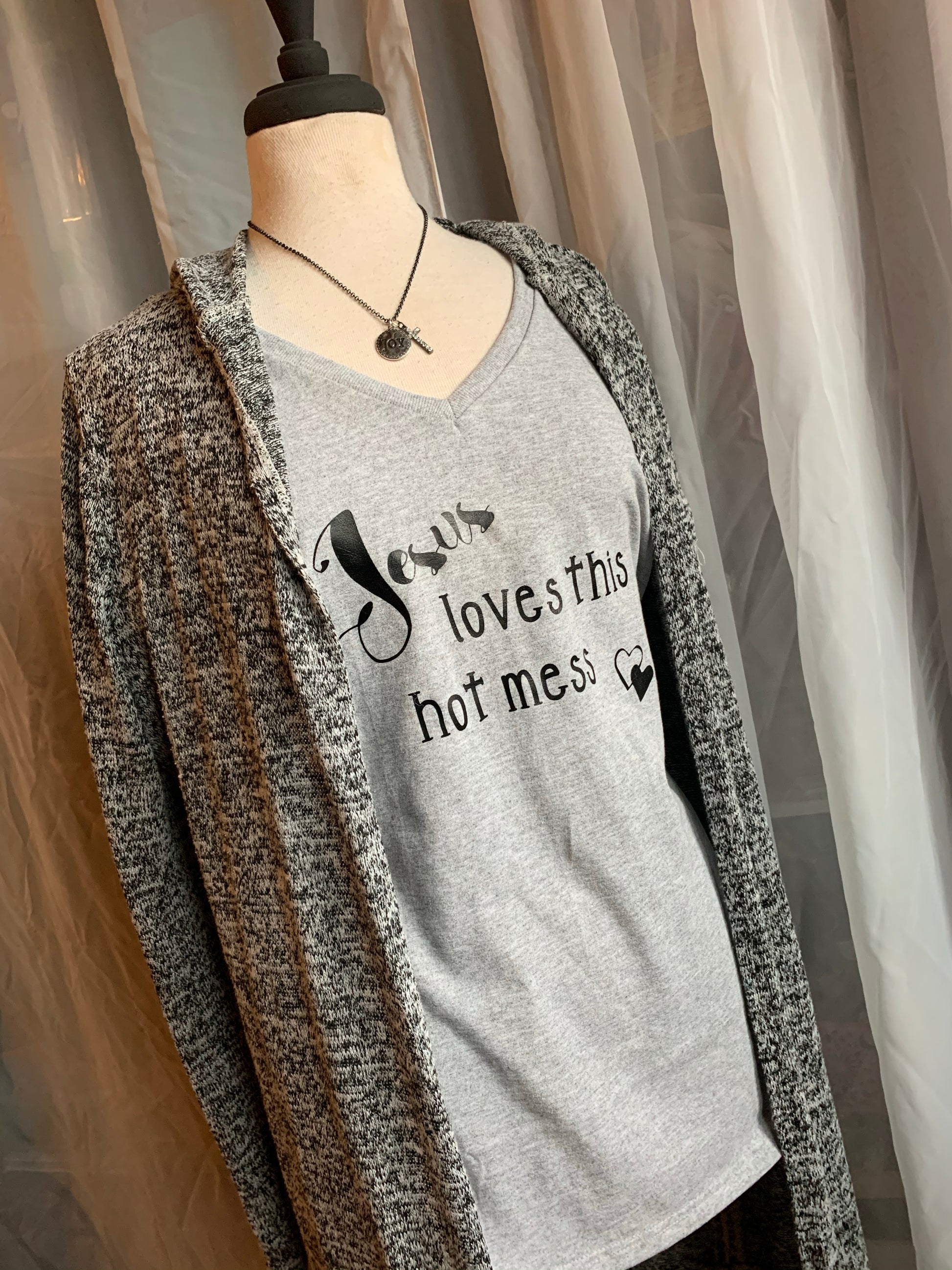 Shirt { Jesus loves this hot mess } Vneck. Gray, black, purple. - Stacy's Pink Martini Boutique