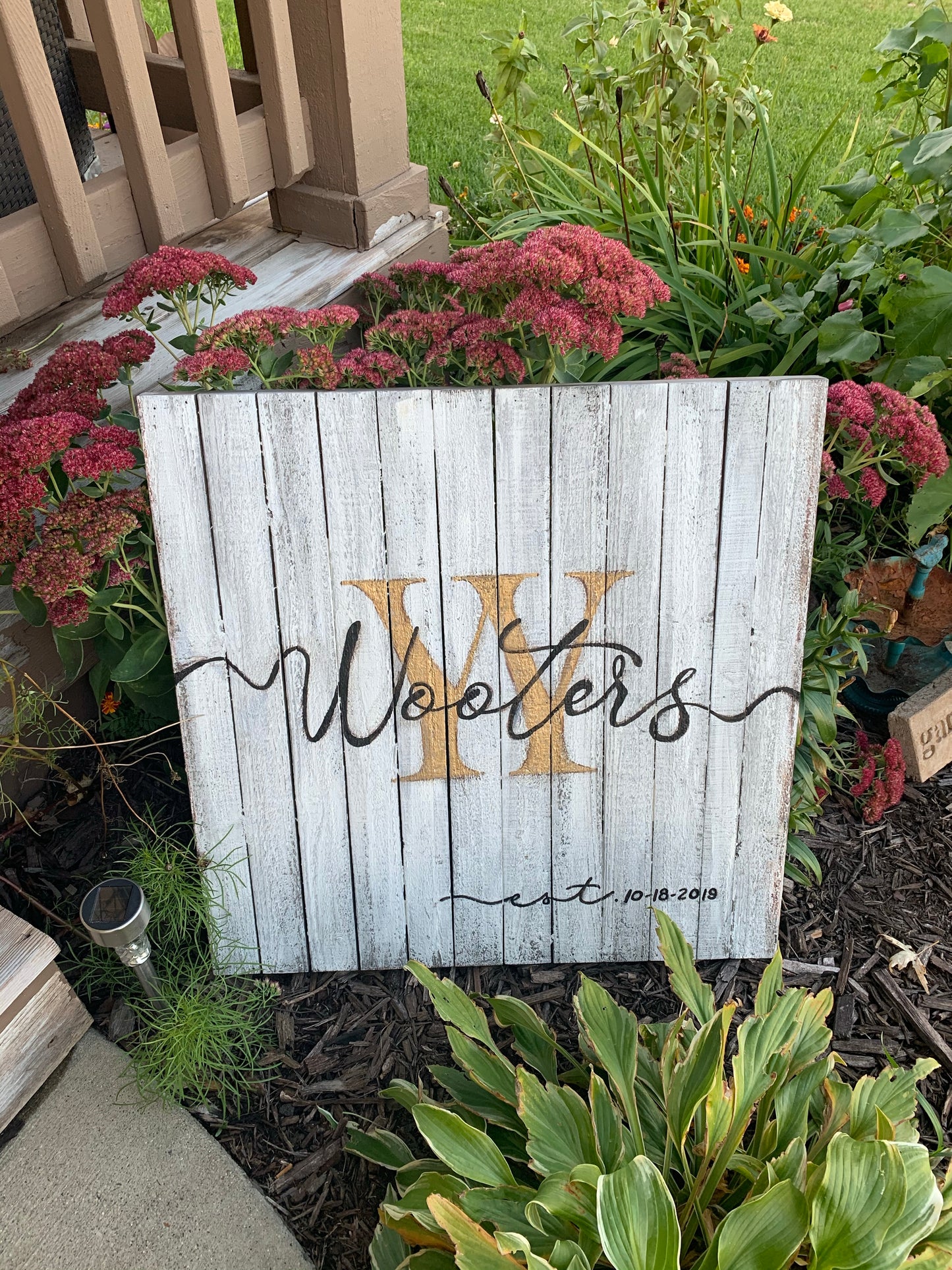 Wood sign { Last name } 24 x 24 • Hand-painted • You choose background color and letter colors • All hand blended and not vinyl • 2 hooks on back • Wood is framed so is boxed in the back. - Stacy's Pink Martini Boutique