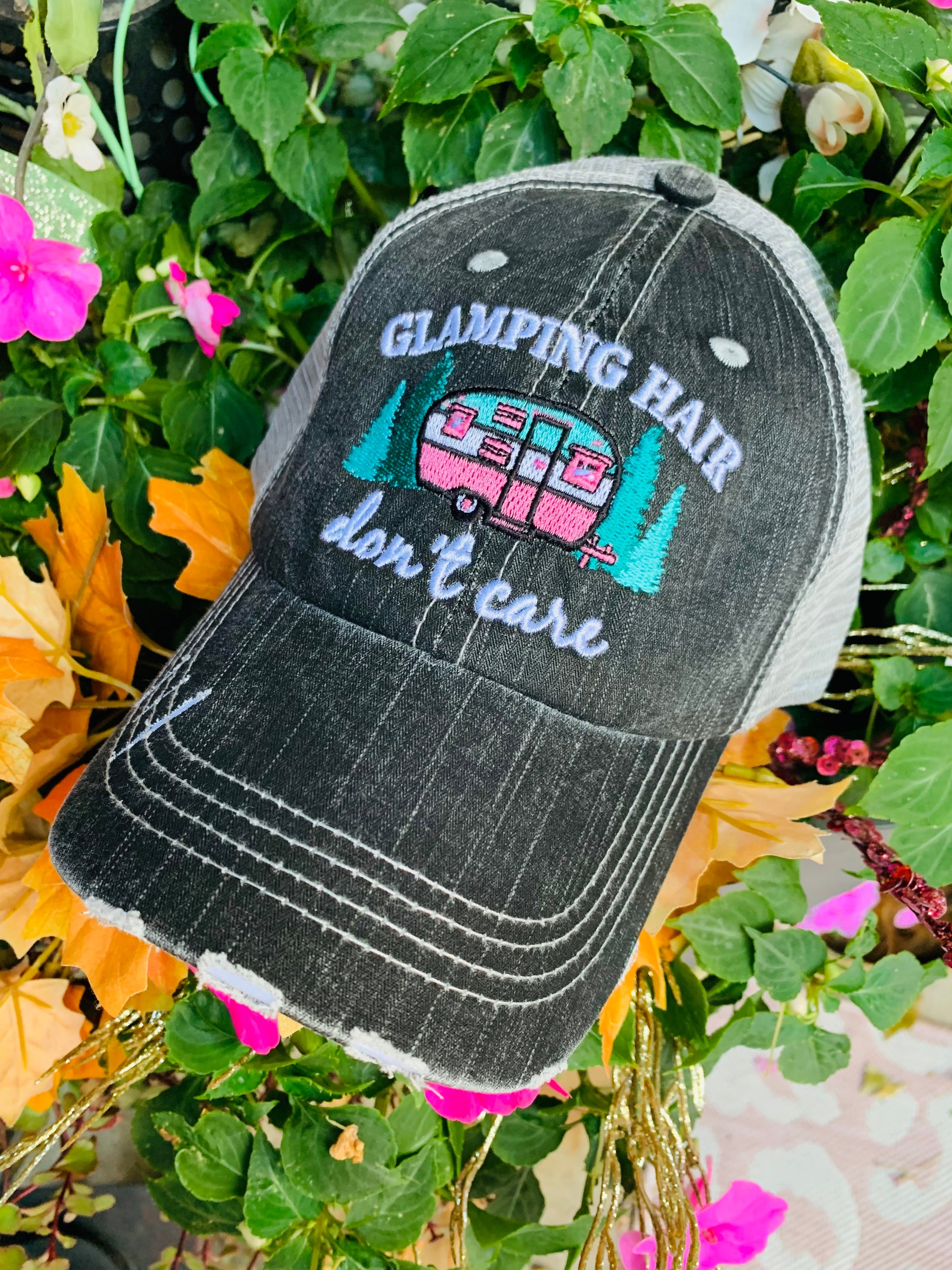 Camping hats Glamping hair dont care Happy camper Camping hair Embroidered Unisex caps - Stacy's Pink Martini Boutique