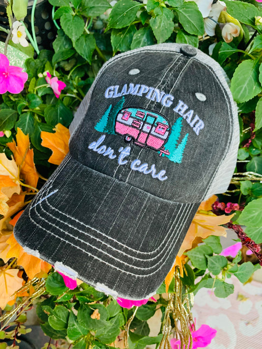 Camping hats Glamping hair dont care Happy camper Camping hair Embroidered Unisex caps - Stacy's Pink Martini Boutique