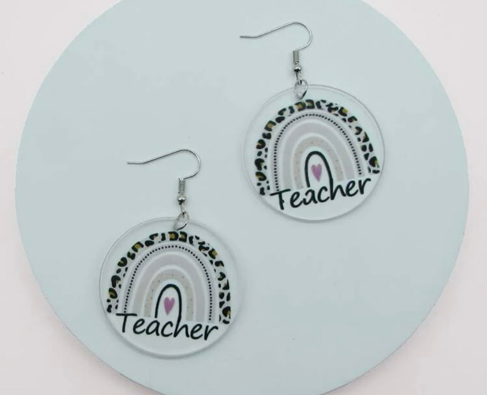 Teacher earrings Rainbow School Teach Leopard Heart School