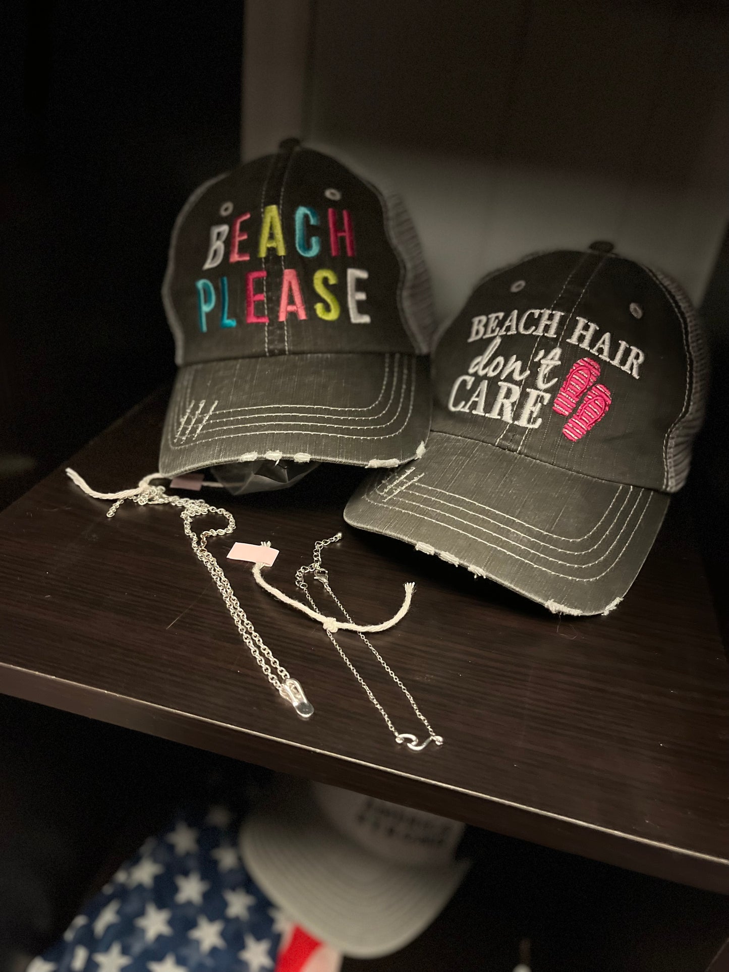 Hats and tanks BEACH Beach hair dont care Feelin beachy Beach please Hola beaches Beach bum Embroidered trucker caps - Stacy's Pink Martini Boutique