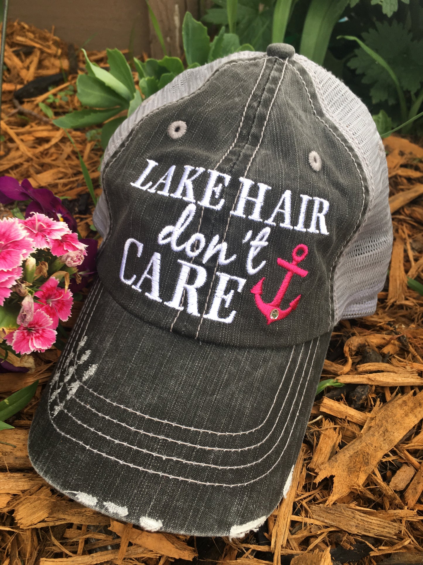 Lake hats! Lake hair dont care | Gray trucker cap-teal, pink, purple anchor | Unisex-Womens-Men-Kids - Stacy's Pink Martini Boutique
