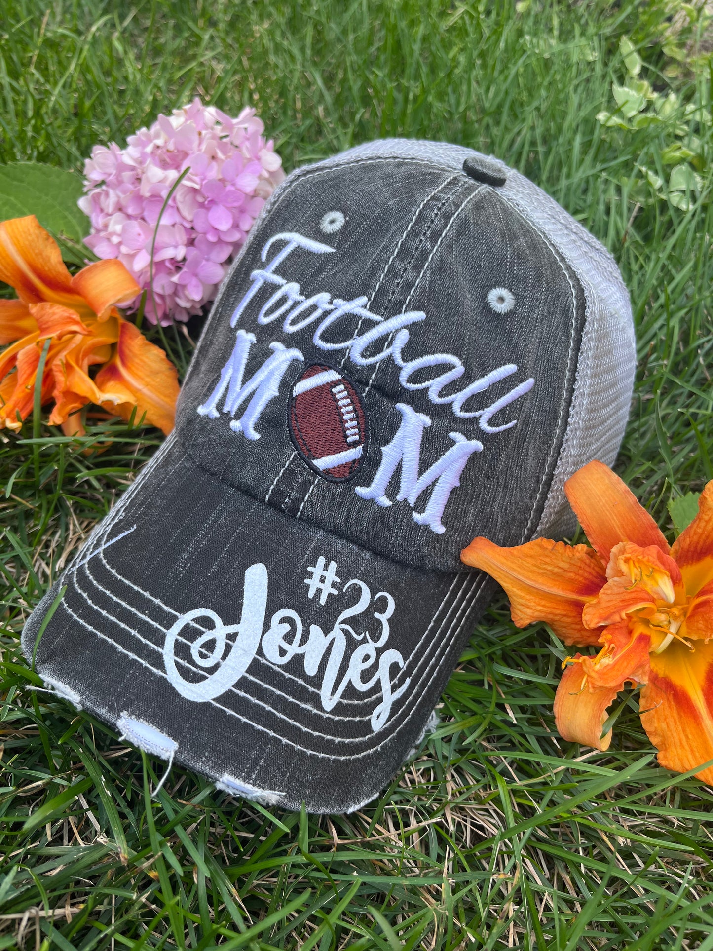 Personalized football hats FOOTBALL Mom hats Embroidered trucker caps Assorted styles - Stacy's Pink Martini Boutique