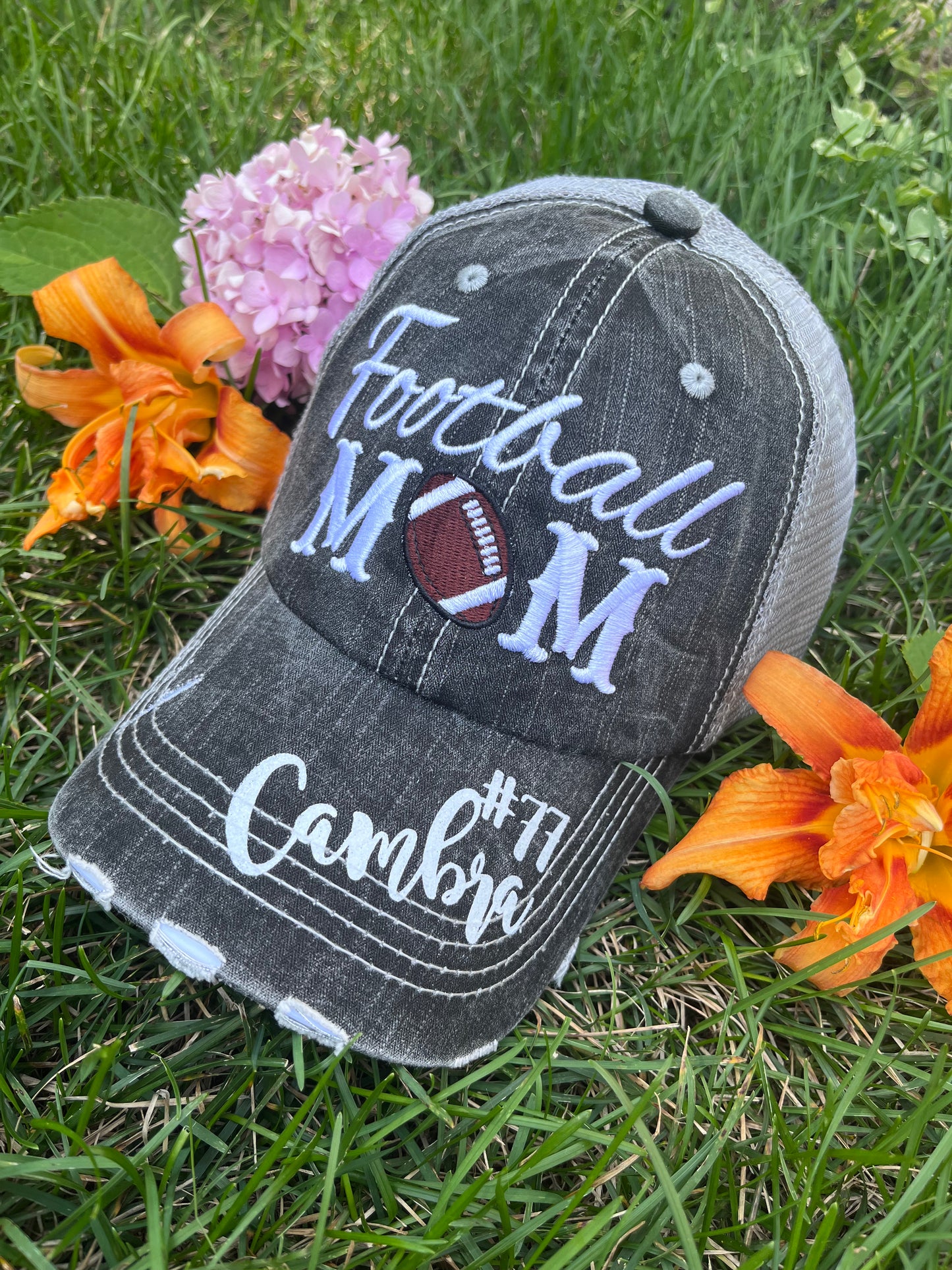 Personalized football hats FOOTBALL Mom hats Embroidered trucker caps Assorted styles - Stacy's Pink Martini Boutique