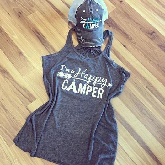 I’m a happy camper tank top •• Coral, teal, black, dark gray, light brown or white •• S - XXL - Stacy's Pink Martini Boutique