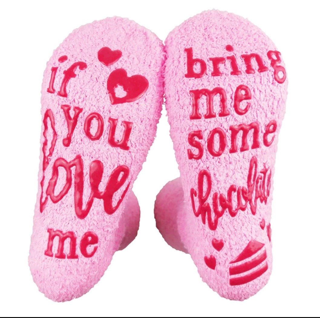 Socks. If you love me bring me some coffee. If you love me bring me some wine. If you love me bring me some chocolate. Pink. Fluffy. Hearts. - Stacy's Pink Martini Boutique