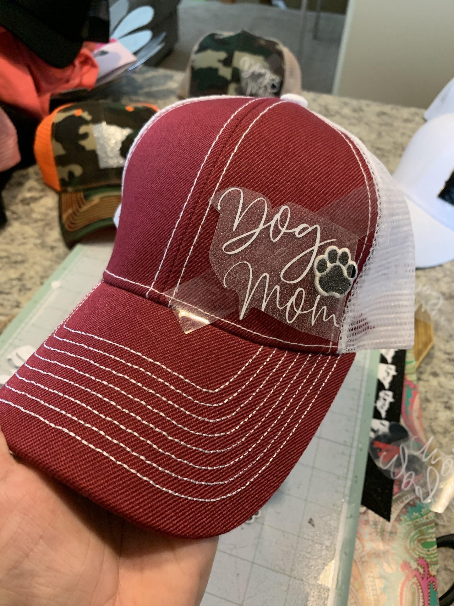 Dog hats Dog mom Assorted colors Distressed womens trucker caps Embroidered paw - Stacy's Pink Martini Boutique