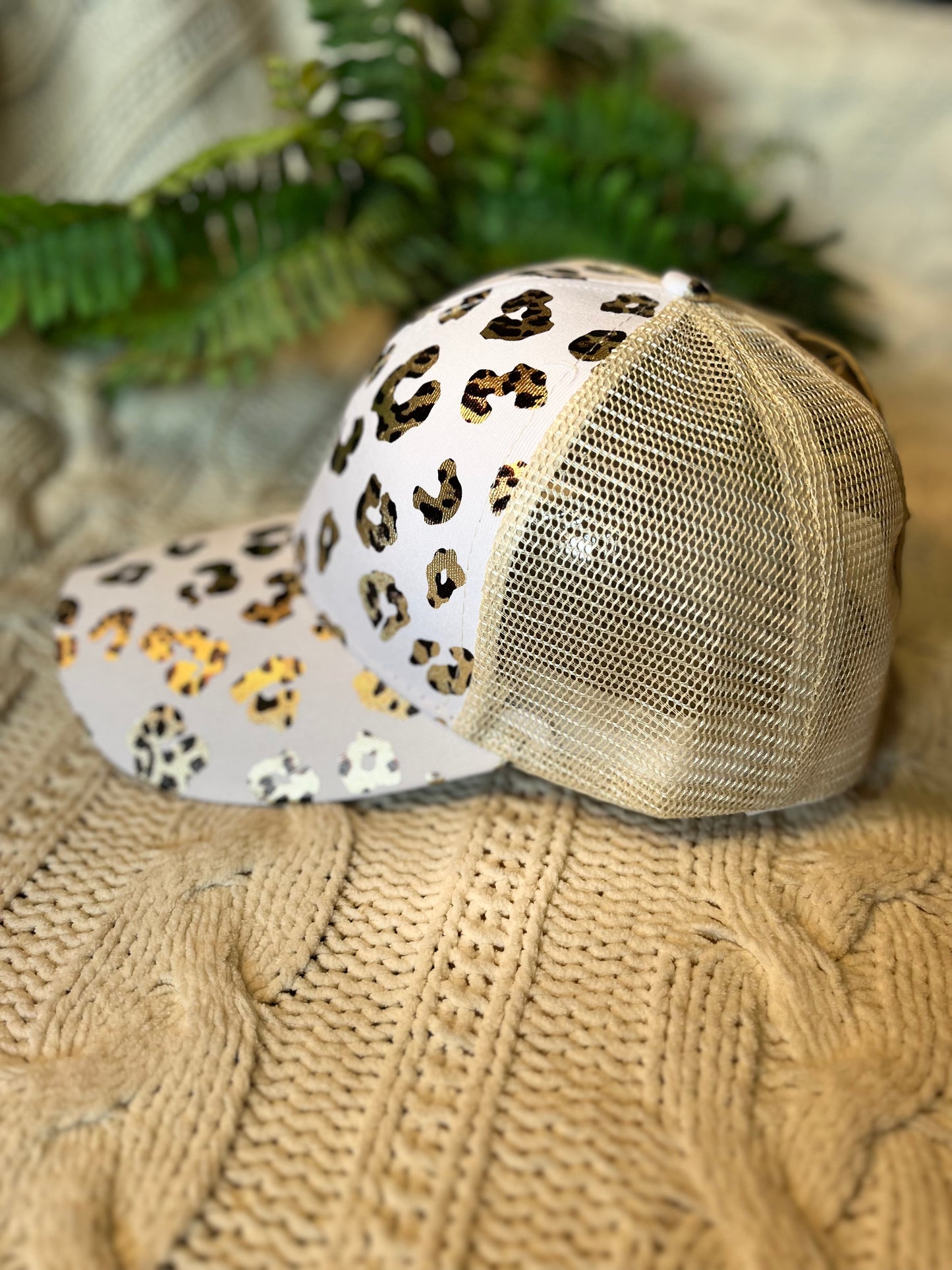 Blank metallic leopard animal print hats Cris cross elastic back with adjustable velkro Creamy white Ships TODAY!